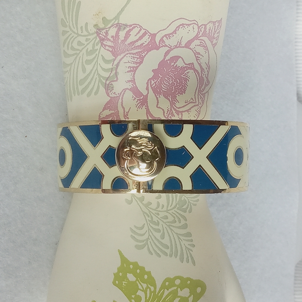 Spartina 449 Bracelet Bangle Blue Beige & Gold Hinged Daufuskie Island EUC
